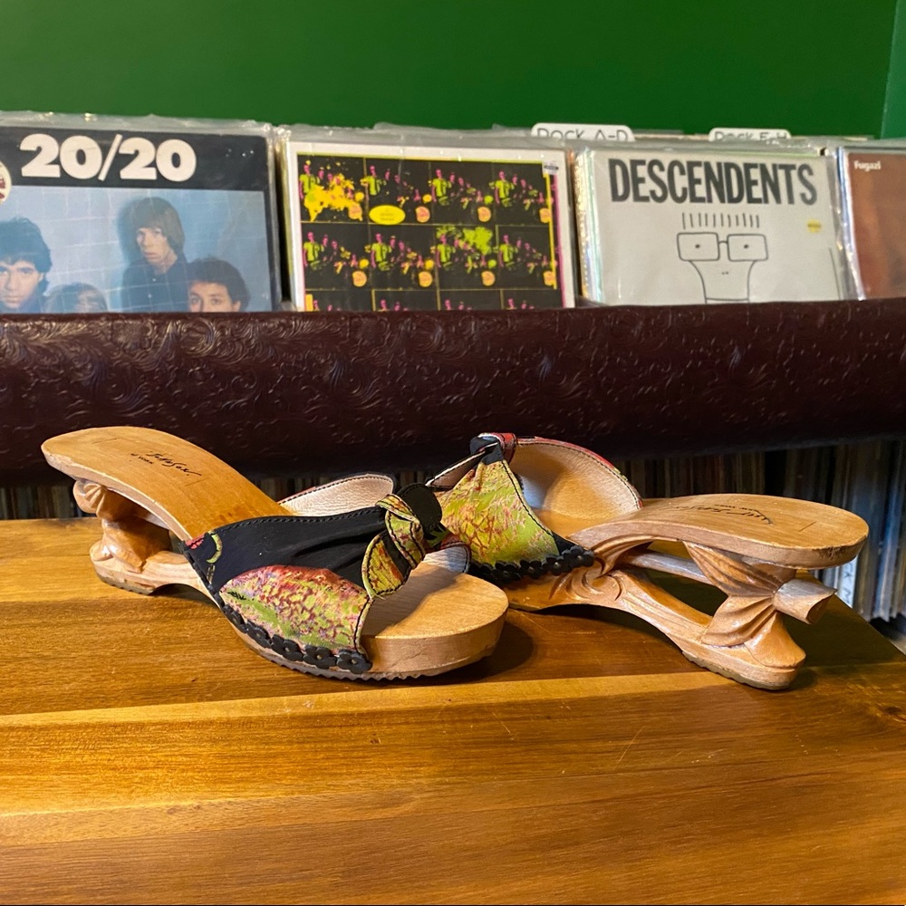 Betsey Johnson Tiki Carved Wood Mules Heels